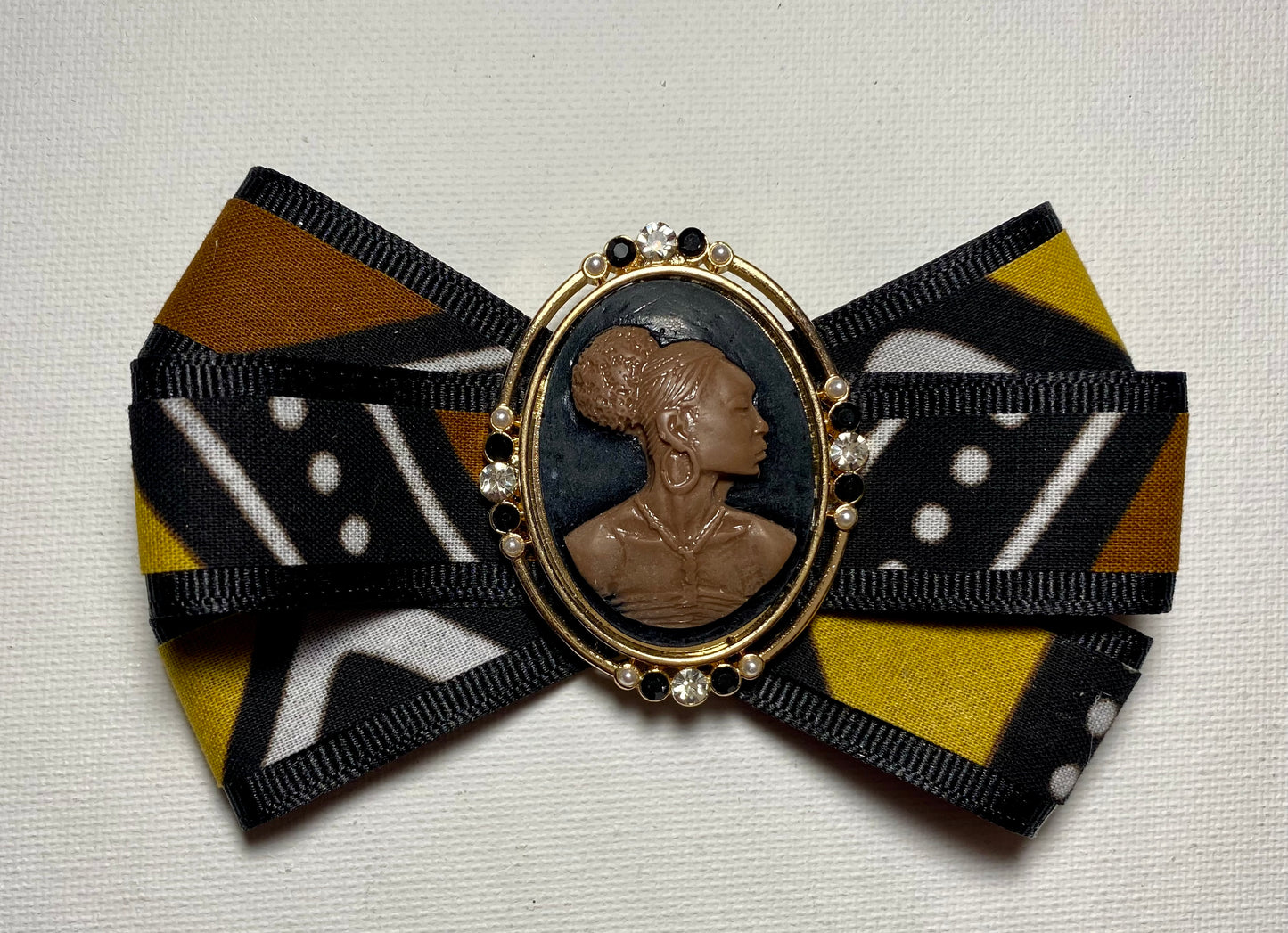 Ankara Print Ribbon Brooch with Cameo