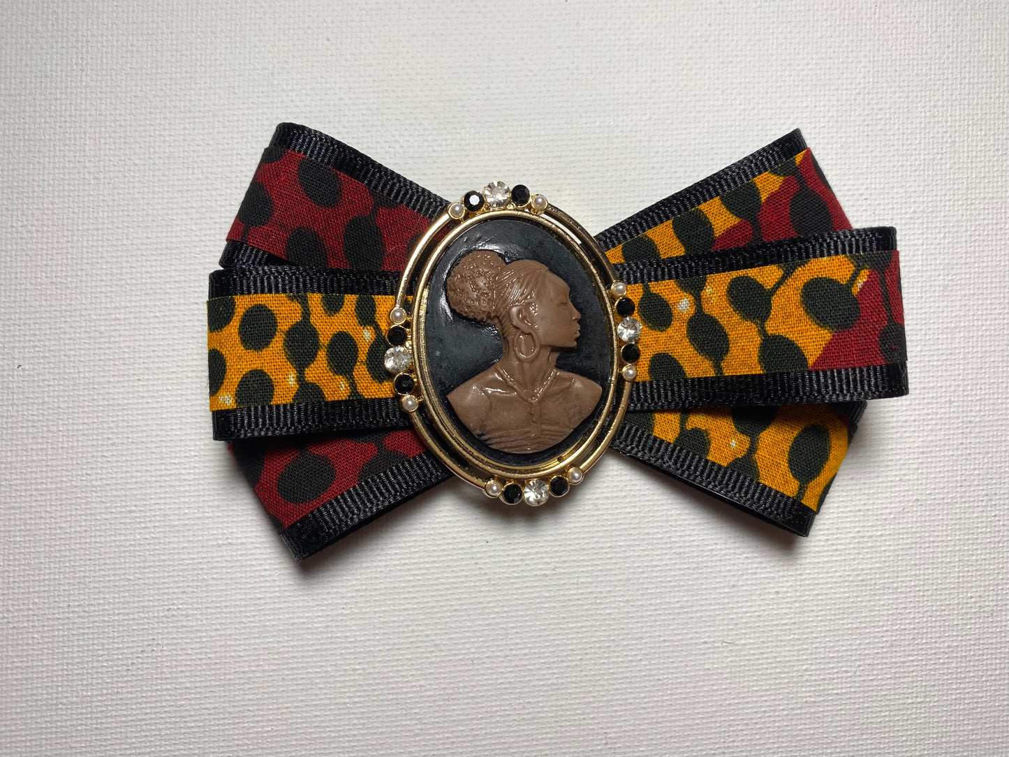 Ankara Print Ribbon Brooch with Cameo
