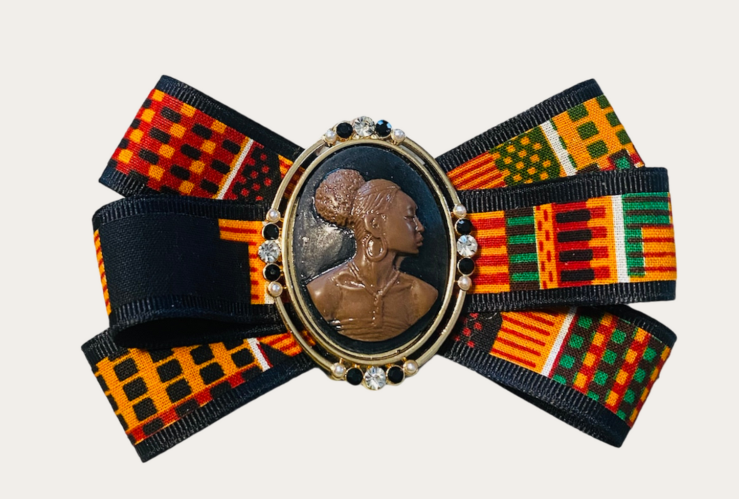 Ankara Print Ribbon Brooch with Cameo
