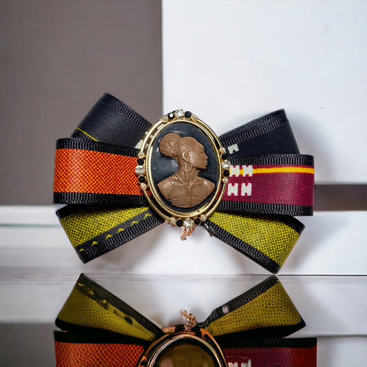 Ankara Print Ribbon Brooch with Cameo