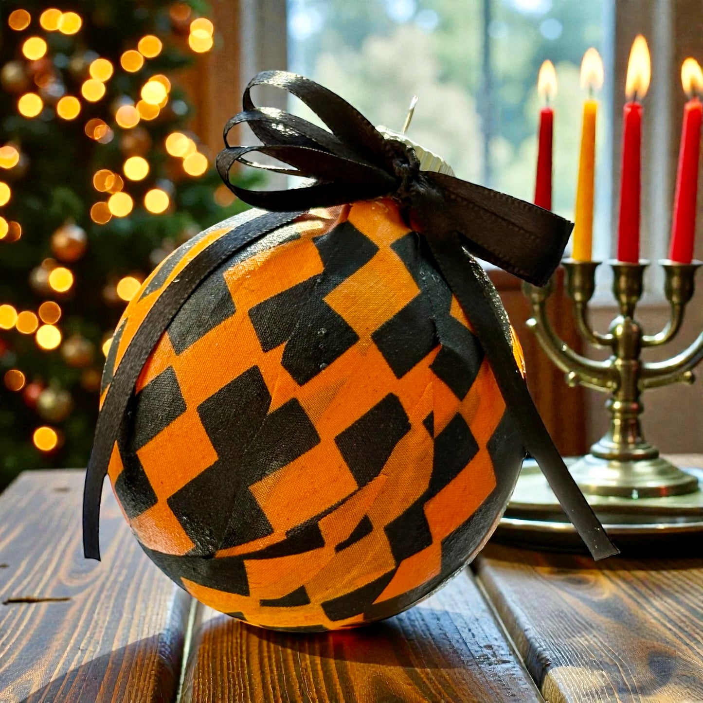 Decorative checkered ball with a black ribbon on a wooden surface, with blurred Christmas tree and candles in the background.