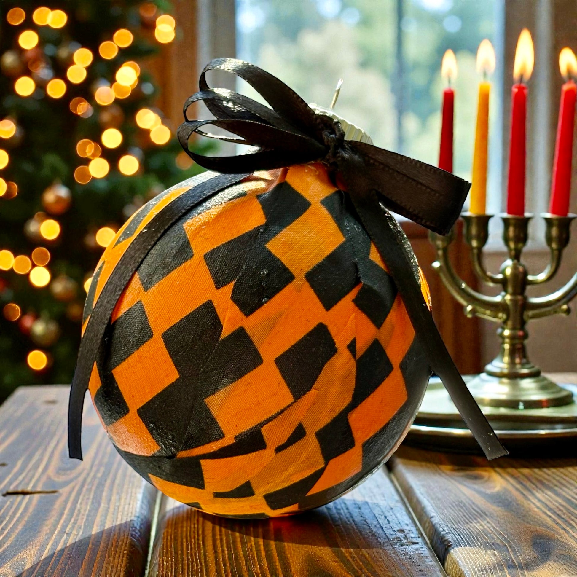 Decorative checkered ball with a black ribbon on a wooden surface, with blurred Christmas tree and candles in the background.