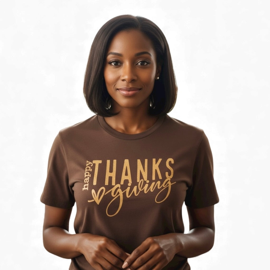 Woman wearing a brown 'Happy Thanksgiving' t-shirt on a white background