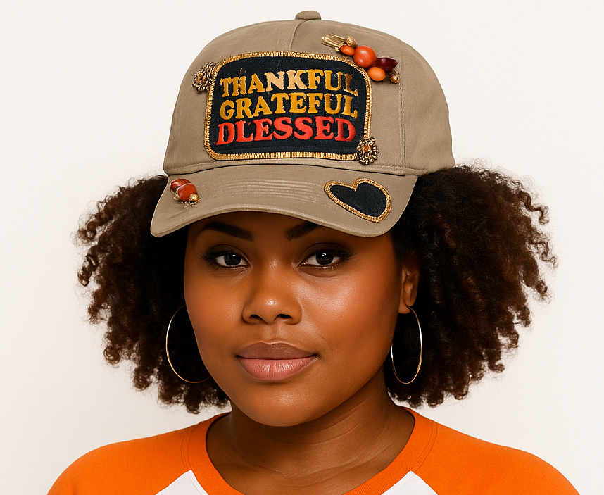 Women wearing hat with Thankful Grateful Blessed patch
