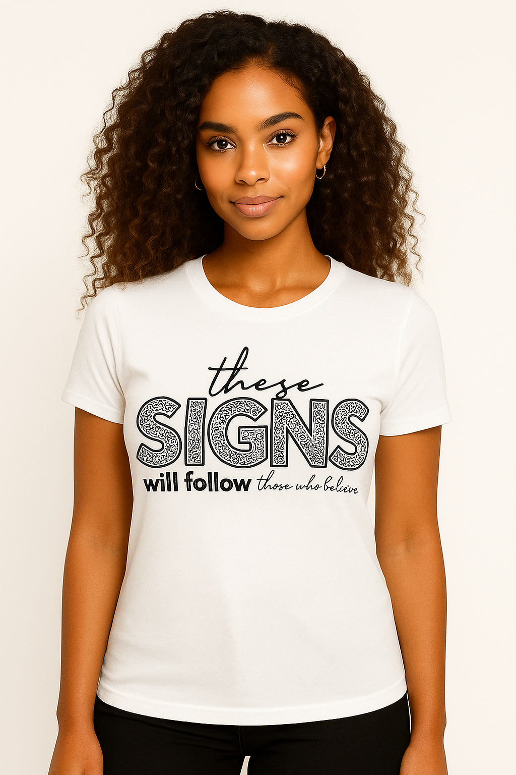 Person wearing a white t-shirt with text design These Signs on a plain background